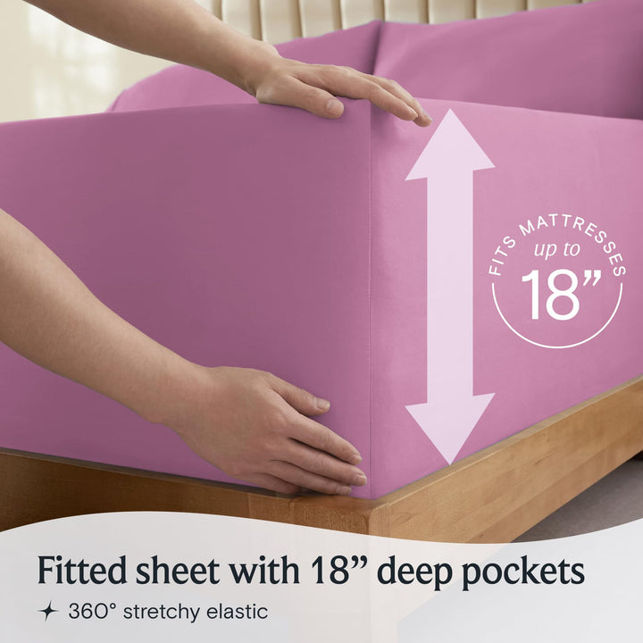 a person holding a mattress with text: 'FITS dn Fitted sheet with 18" deep pockets 360º stretchy elastic'