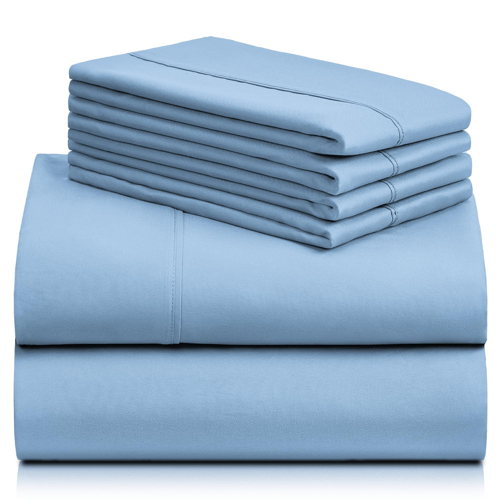 a stack of blue sheets