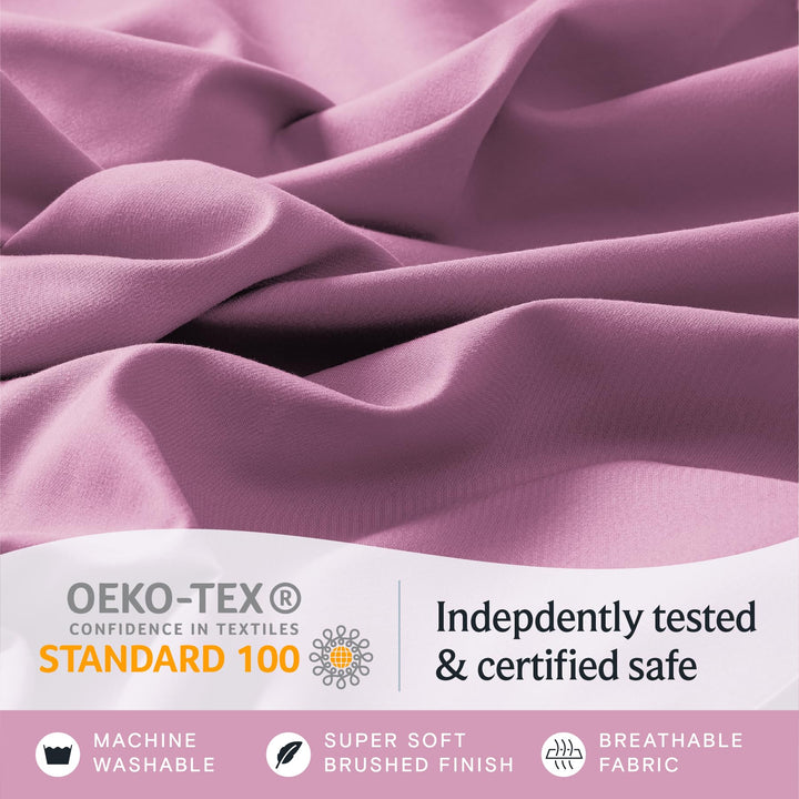 a close up of a fabric with text: 'OEKO-TEX Indepdently tested CONFIDENCE IN TEXTILES STANDARD 100 & certified safe MACHINE SUPER SOFT BREATHABLE WASHABLE BRUSHED FINISH FABRIC'