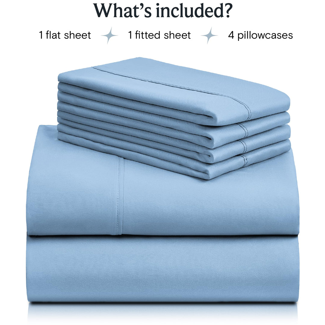 a stack of blue sheets with text: 'What's included? 1 flat sheet 1 fitted sheet 4 pillowcases'