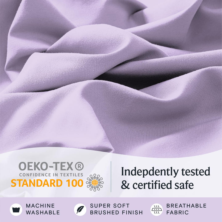 a close up of a fabric with text: 'OEKO-TEX Indepdently tested CONFIDENCE IN TEXTILES STANDARD 100 & certified safe MACHINE SUPER SOFT BREATHABLE WASHABLE BRUSHED FINISH FABRIC'