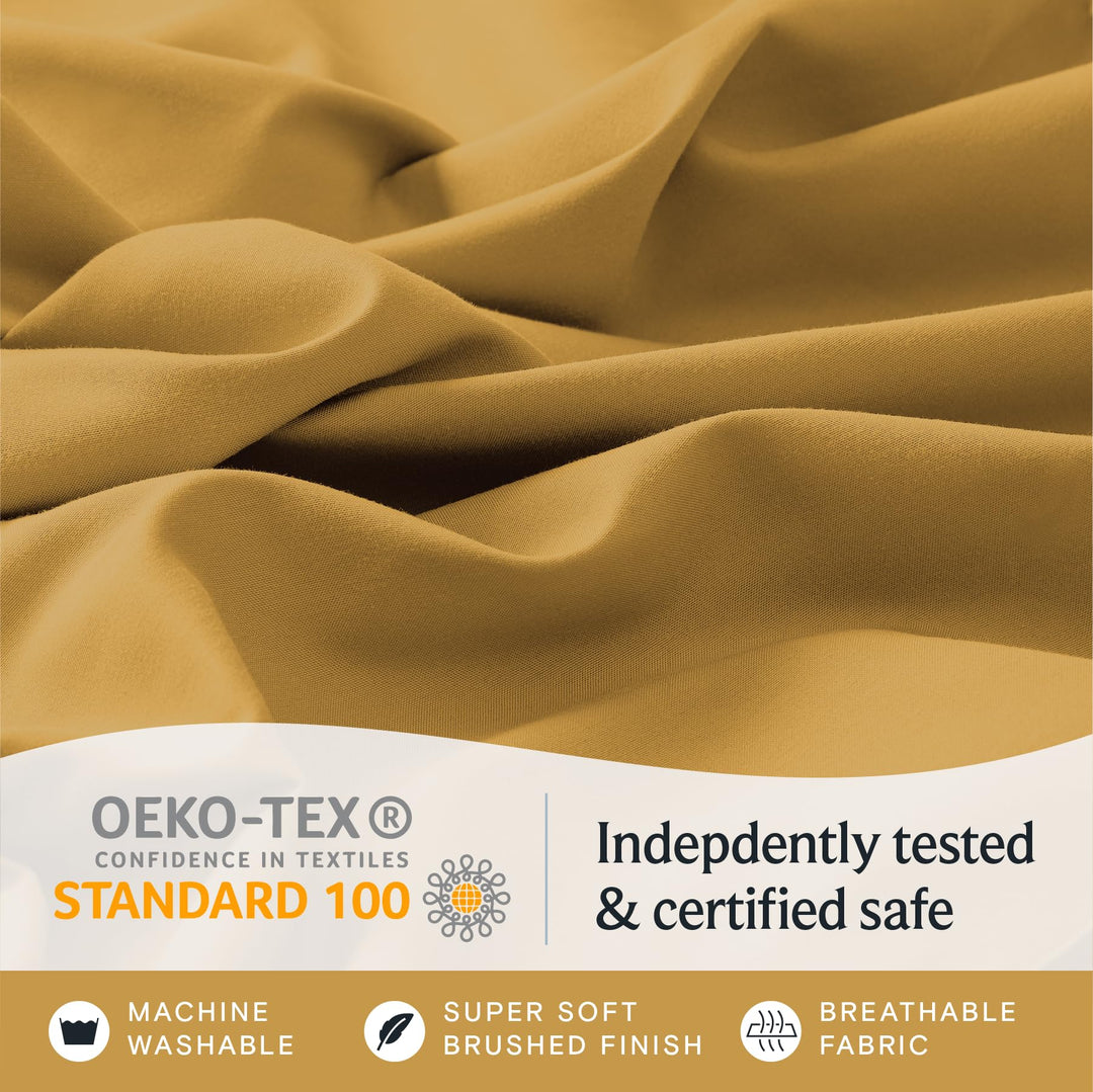 a close up of a fabric with text: 'OEKO-TEX Indepdently tested CONFIDENCE IN TEXTILES STANDARD 100 & certified safe MACHINE SUPER SOFT BREATHABLE WASHABLE BRUSHED FINISH FABRIC'