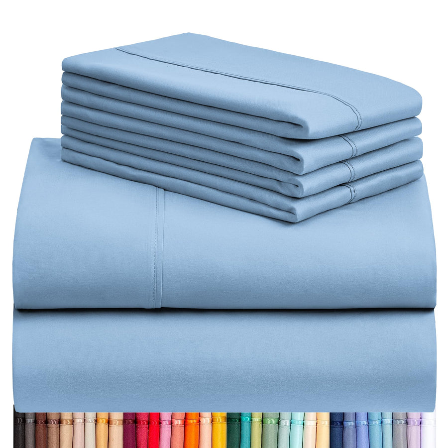 a stack of blue sheets