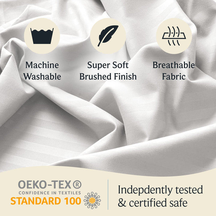 a close up of a fabric with text: 'Machine Super Soft Breathable Washable Brushed Finish Fabric OEKO-TEX Indepdently tested CONFIDENCE IN TEXTILES STANDARD 100 & certified safe'