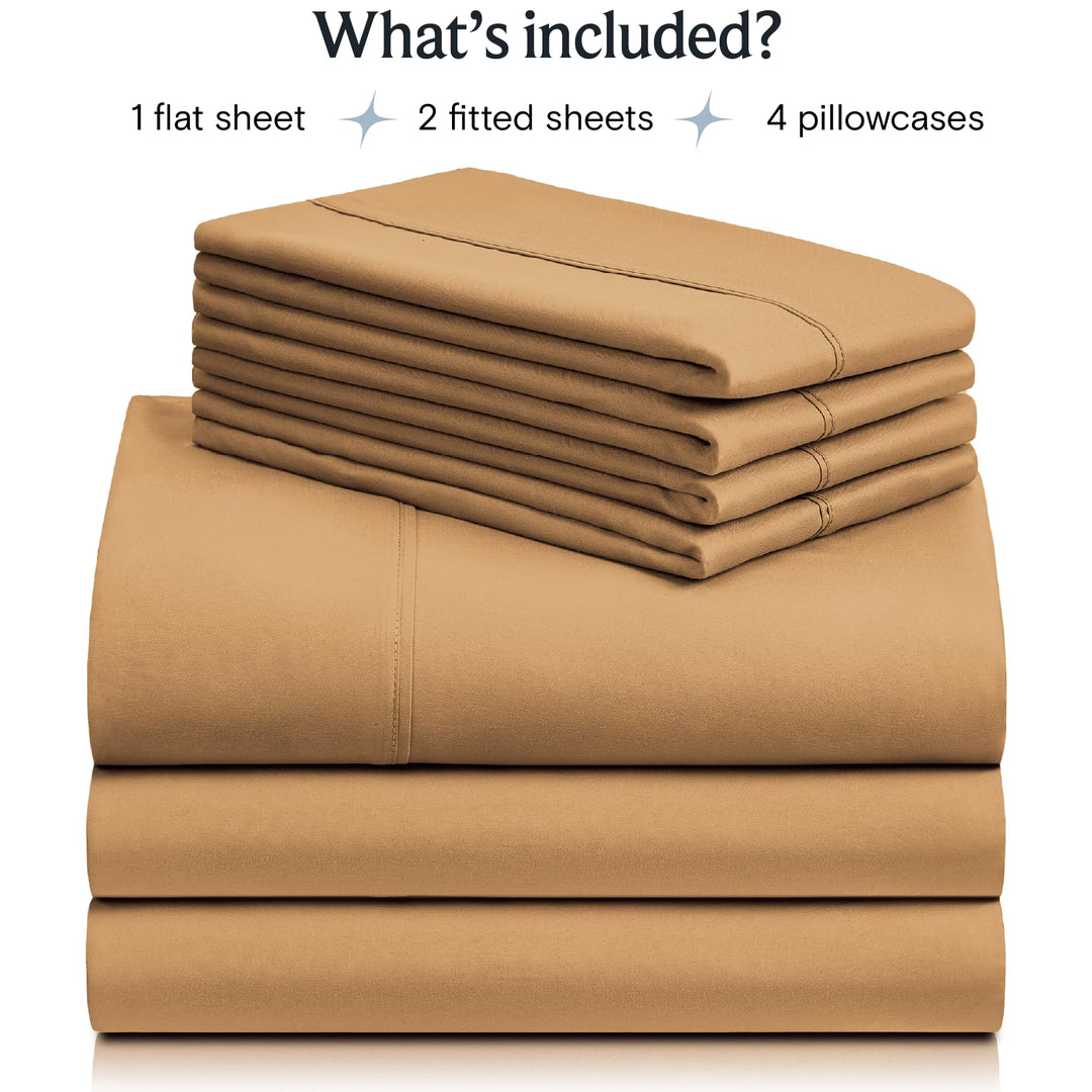 a stack of brown sheets with text: 'What's included? 1 flat sheet 2 fitted sheets 4 pillowcases'